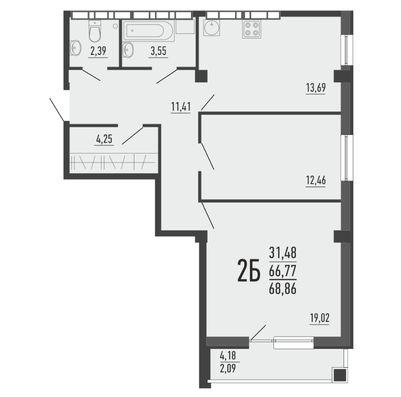 2-к. квартира, 66,3 м², 62 кв., 12/16 эт.