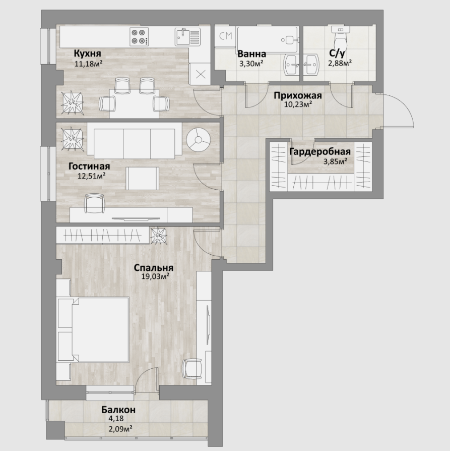 2-к. квартира, 62,7 м², 71 кв., 13/16 эт.