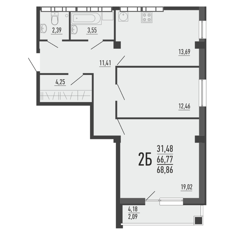 3-к. квартира, 68 м², 86 кв., 16/16 эт.